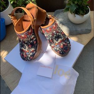 See By Chloe:wood platform embroidered denim clogs w/adjustable strap 39 (US8.5)
